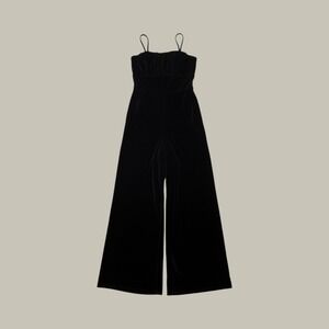 Witchy Black Velvet Spaghetti Strap Jumpsuit Wide Leg Ruched Bodice Gothic  XL
